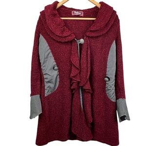 Vtg Feelings Red Knit Ruffle & Grey Pinstripe Panels & Cuff Cardigan L